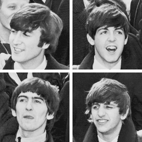 A black and white picture of all 4 members of the beatles that each take up their own corner of the image divided by a white border.
